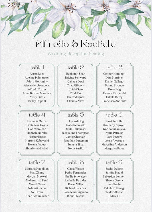 Personalised Wedding seating plan fully customisable A3,A2,A1,A0