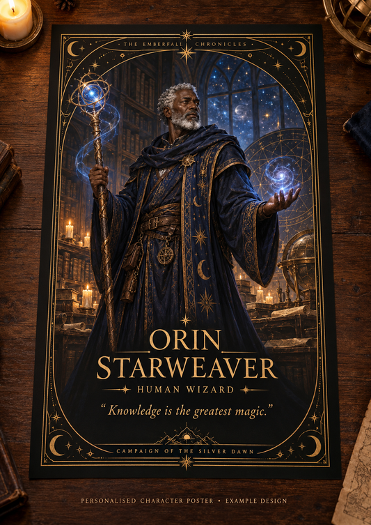 Personalised fantasy character poster example: wizard, black and gold design, unframed physical print.