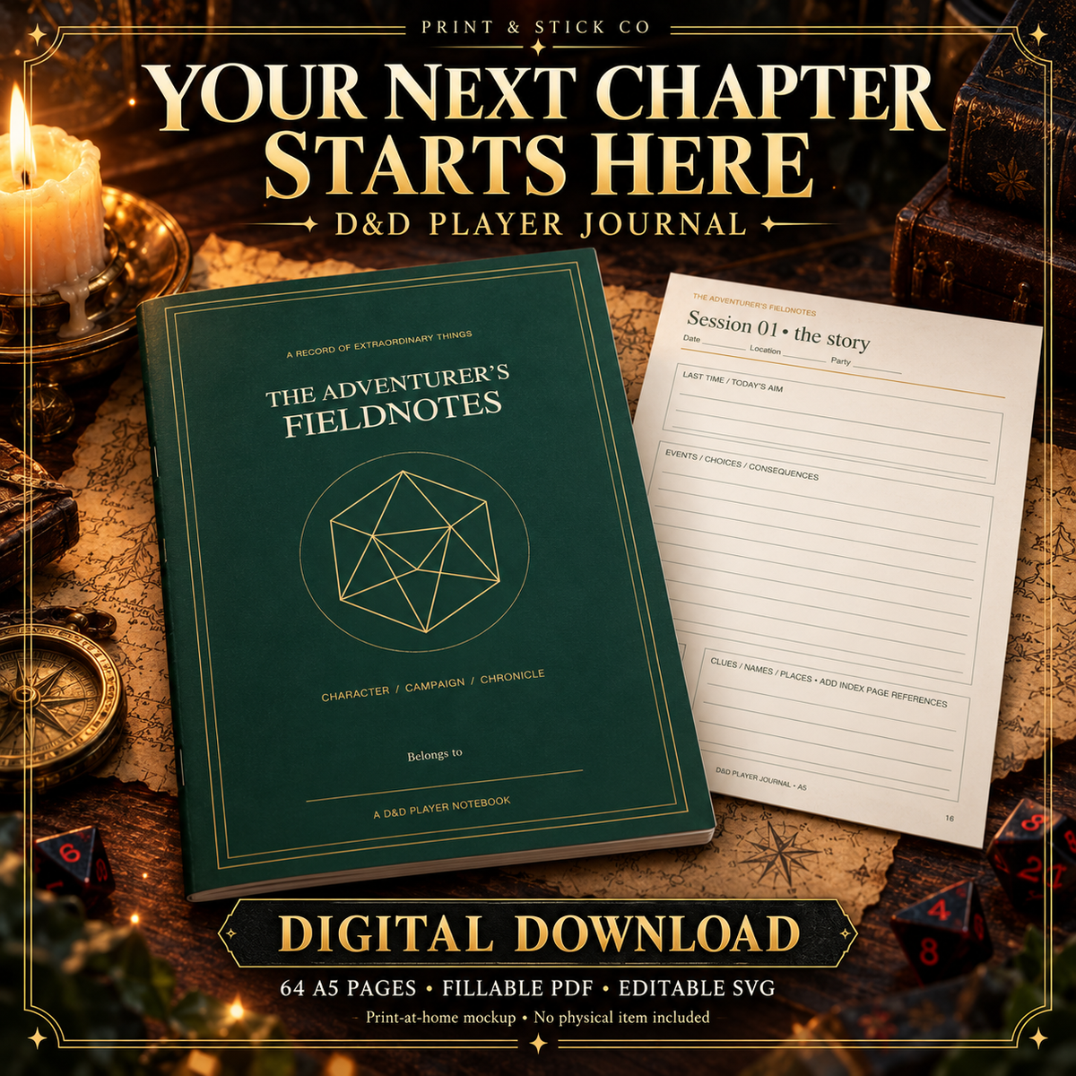 The Adventurer’s Fieldnotes digital DnD journal – printable A5 cover and session notes in a candlelit fantasy scene