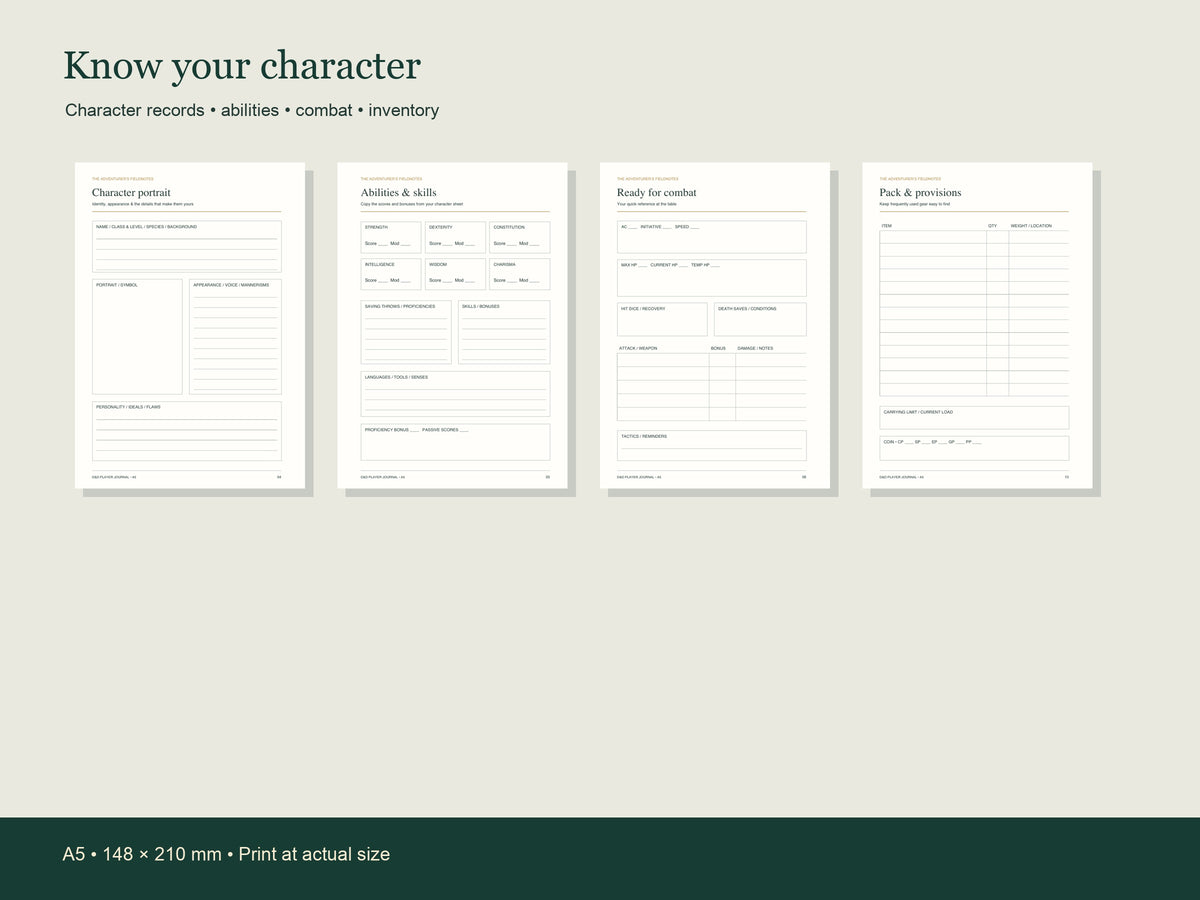 Character, ability, combat and equipment pages