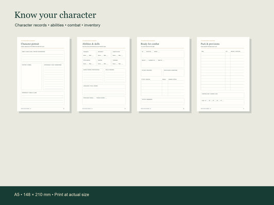 Character, ability, combat and equipment pages