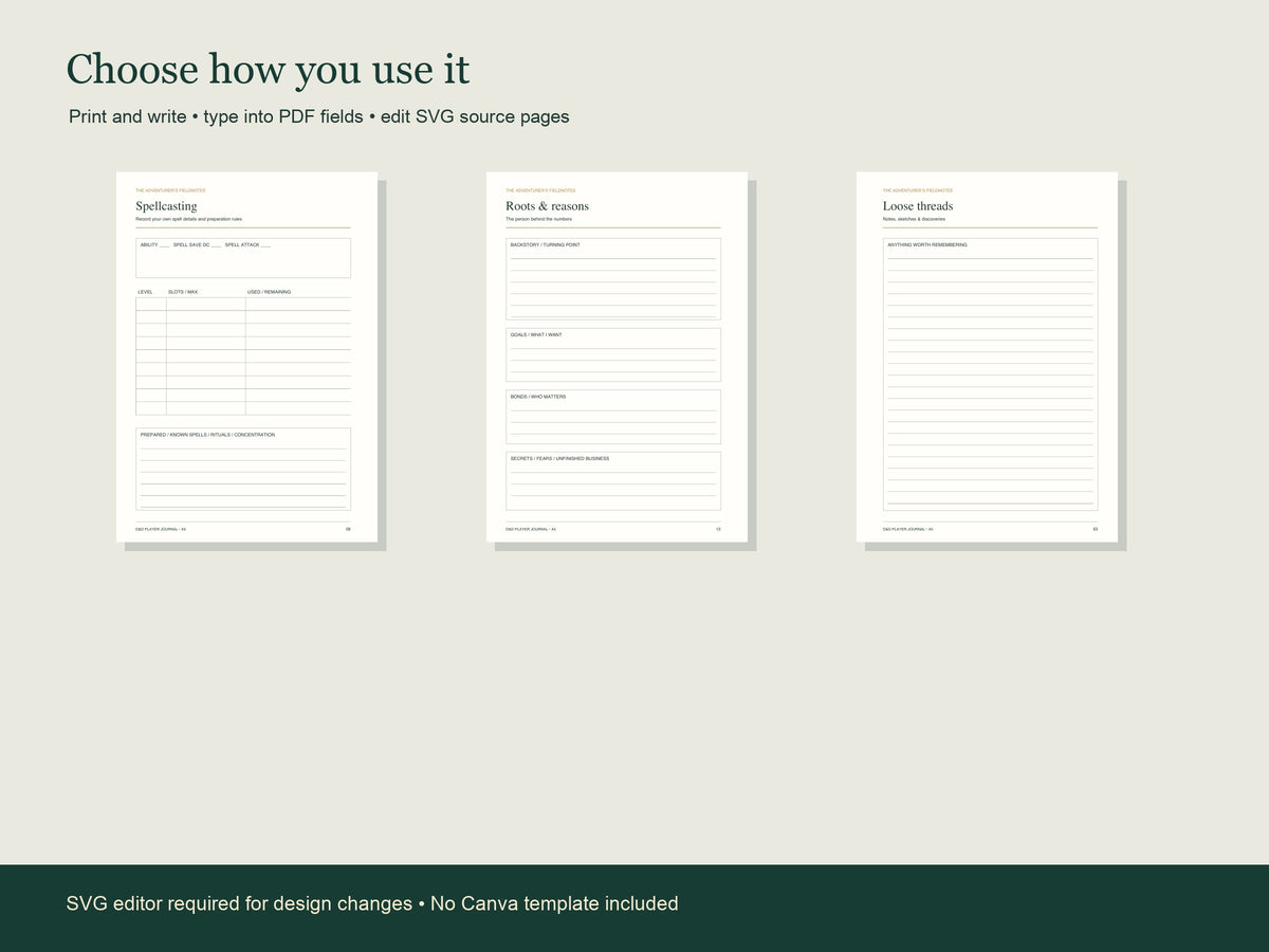 Printable PDF, fillable PDF and editable SVG journal pages