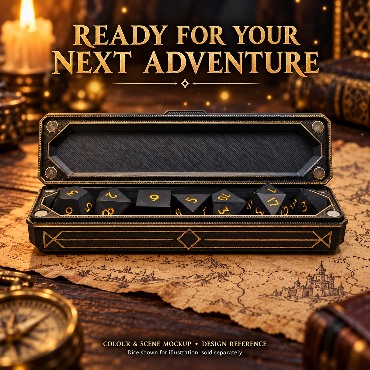 AI-edited colour and scene mockup of the long narrow dice vault in black and gold on a fantasy map. Design reference; dice illustrative and sold separately.