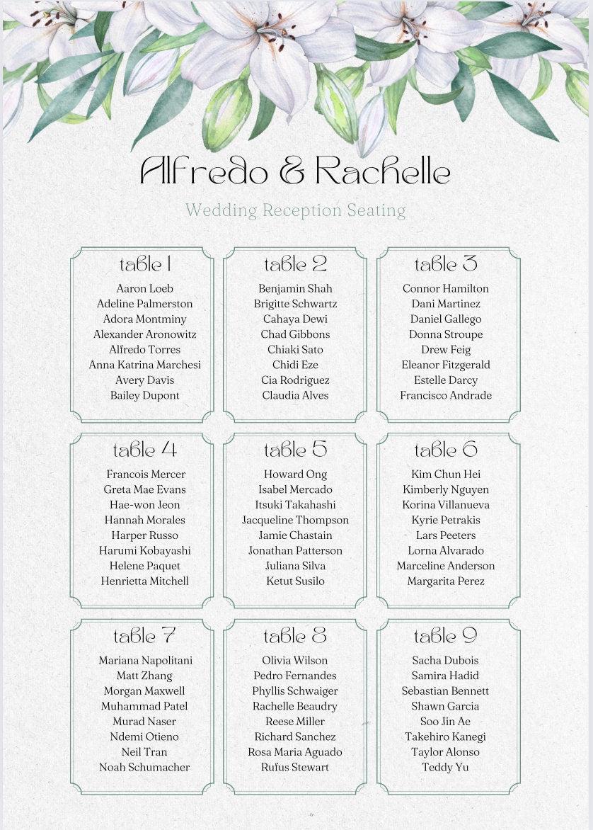 Personalised Wedding seating plan fully customisable A3,A2,A1,A0