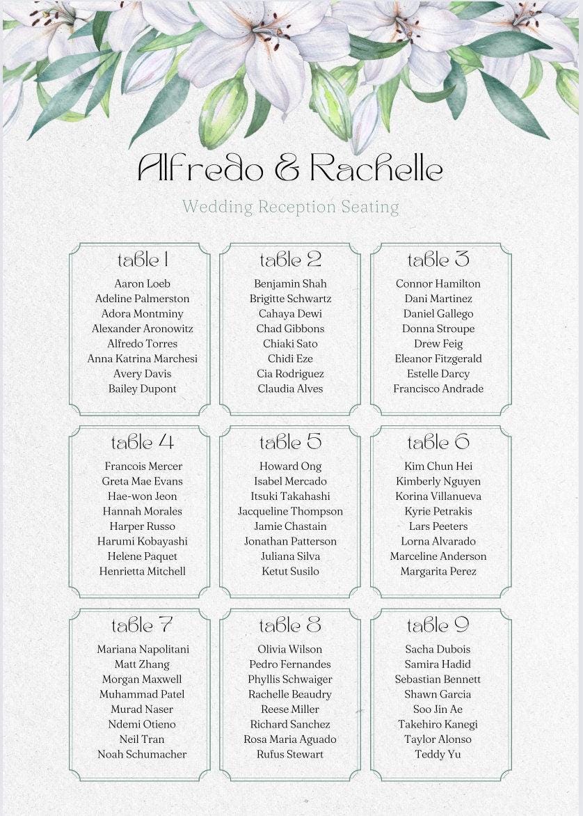 Personalised Wedding seating plan fully customisable A3,A2,A1,A0