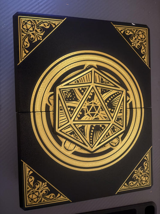 3D Printed DnD Character Tracker & Dice Tray, Black Gold Fantasy Design (Folding Player Organizer)