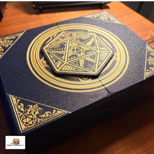 3D Printed DnD Character Tracker & Dice Tray, Black Gold Fantasy Design (Folding Player Organizer)