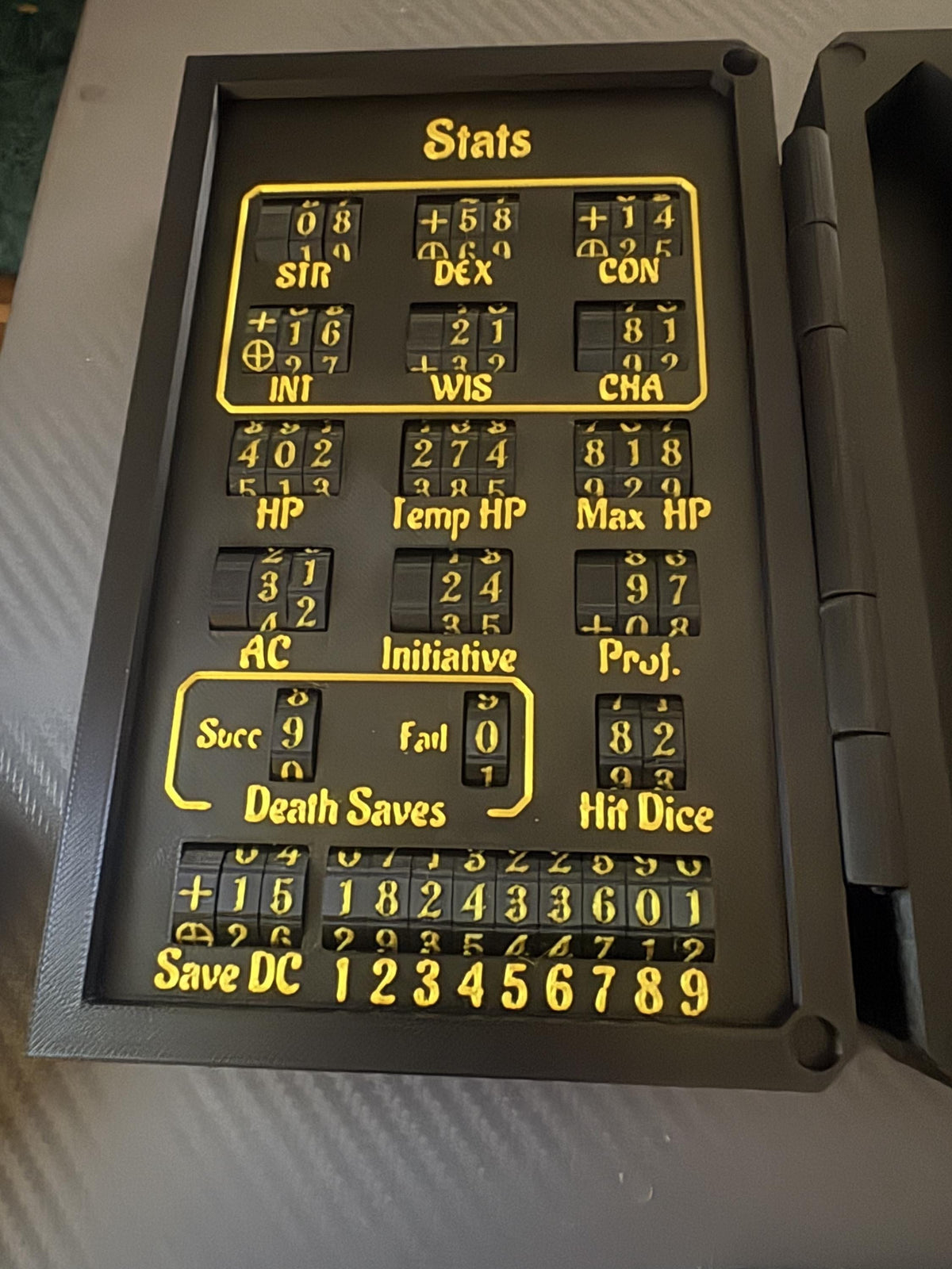 3D Printed DnD Character Tracker & Dice Tray, Black Gold Fantasy Design (Folding Player Organizer)