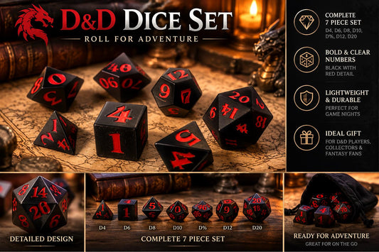 Black & Red DnD Dice Set, 7 Piece RPG Polyhedral Dice Set, D20 D12 D10 D8 D6 D4, Dungeons and Dragons Dice, Gamer Gift