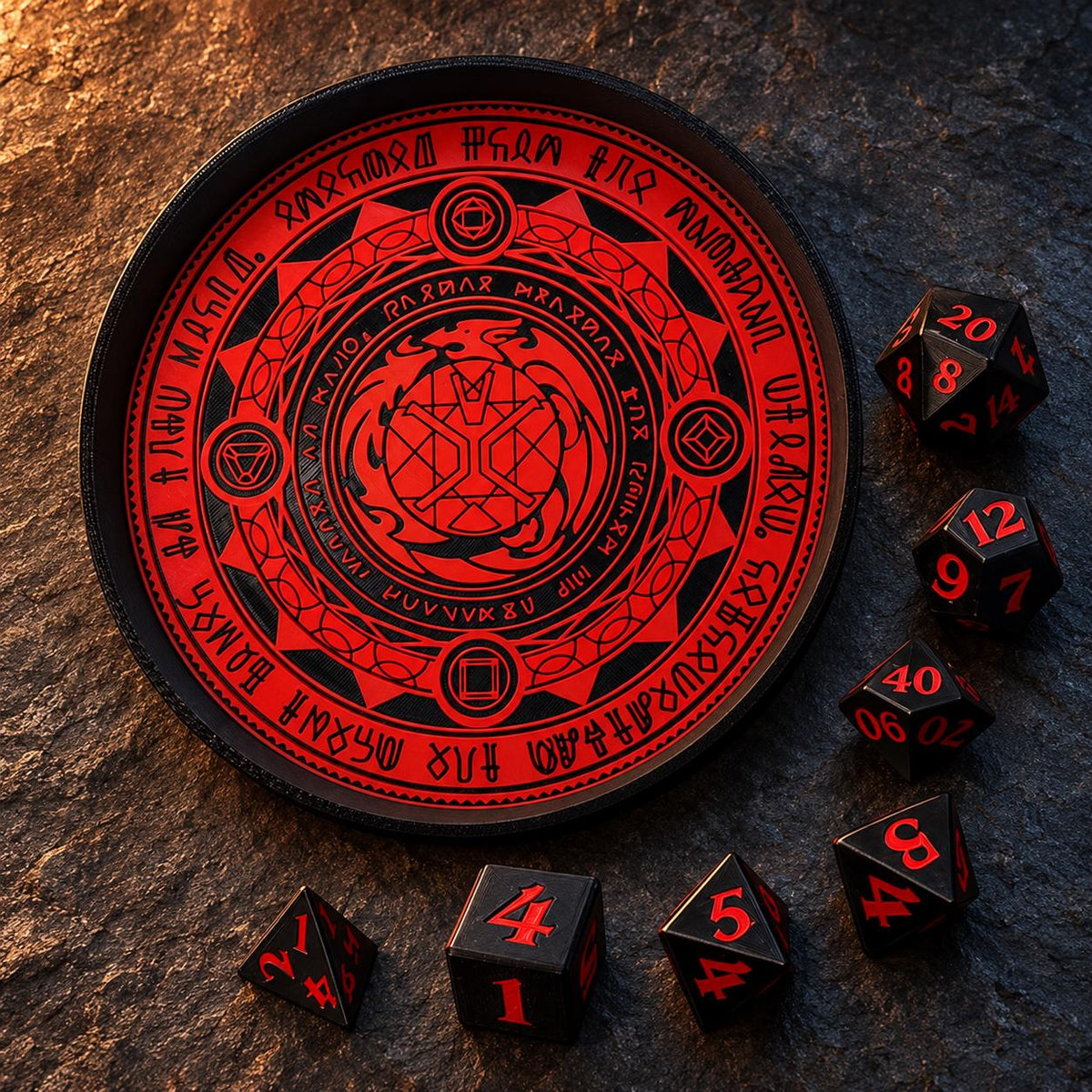 DnD Dice Tray 18cm – Dragon & Rune Design, 7-Piece Dice Set or Bundle, Choice of Colour