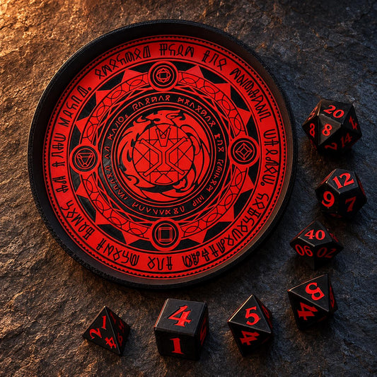 DnD Dice Tray 18cm – Dragon & Rune Design, 7-Piece Dice Set or Bundle, Choice of Colour