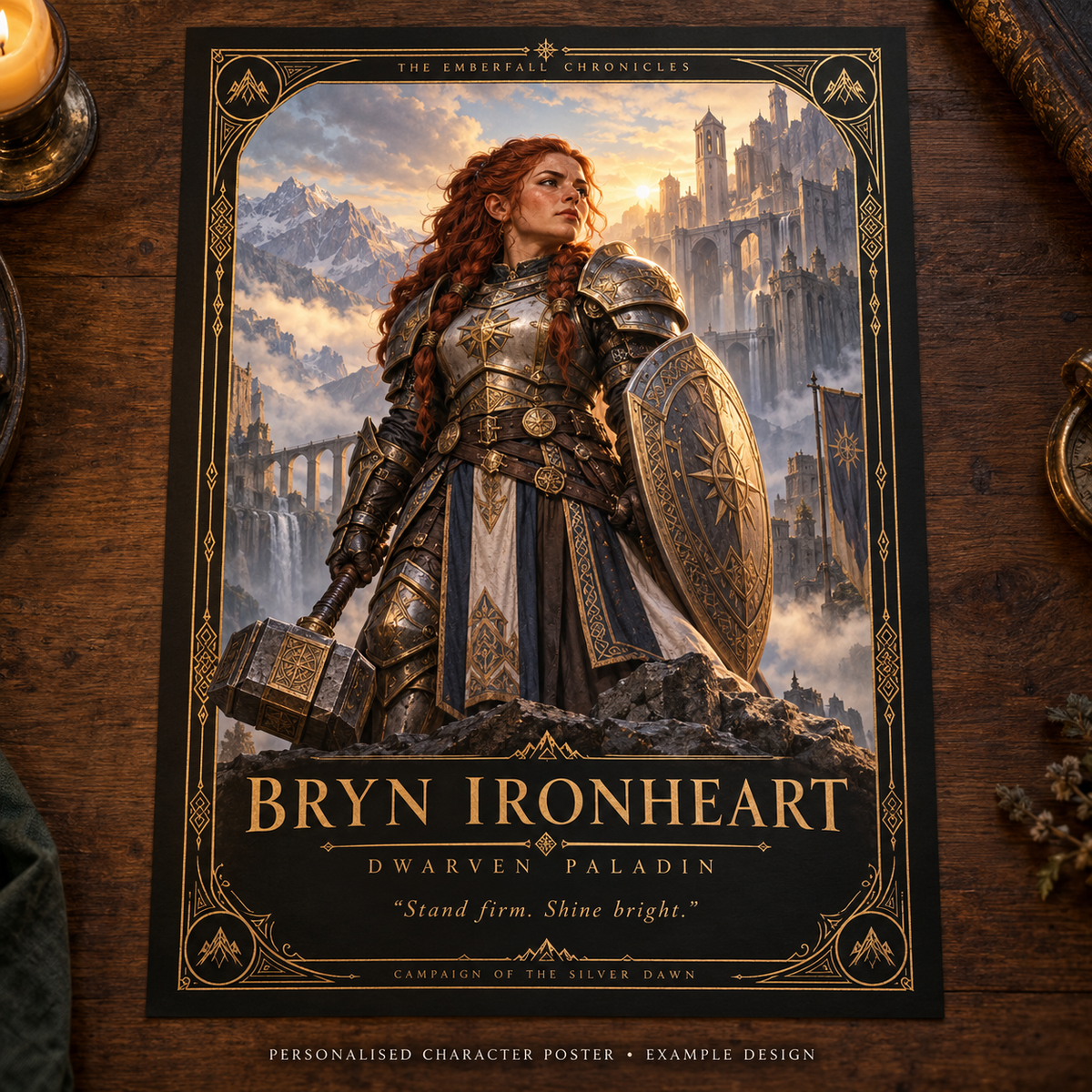 Personalised fantasy character poster example: paladin, black and gold design, unframed physical print.
