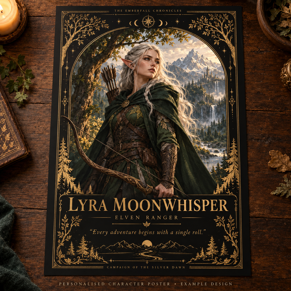 Personalised fantasy character poster example: ranger, black and gold design, unframed physical print.