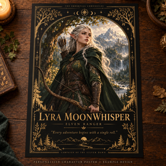 Personalised fantasy character poster example: ranger, black and gold design, unframed physical print.