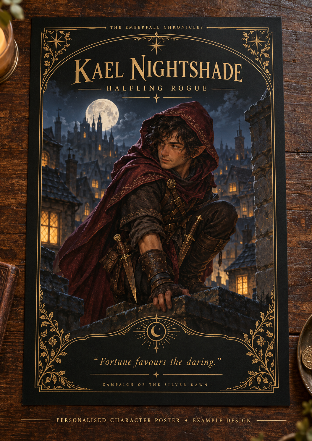 Personalised fantasy character poster example: rogue, black and gold design, unframed physical print.